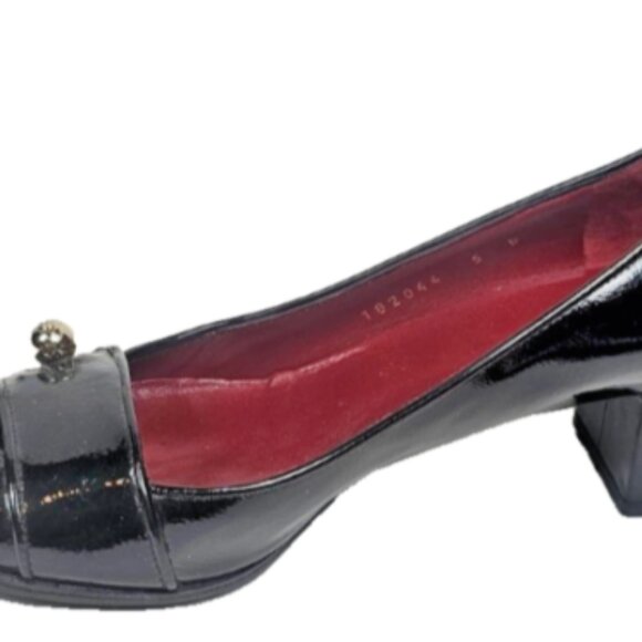 Gucci Black Patent Leather Peep Toe Logo Heels 5B Block Heel Made in Italy - Picture 1 of 9